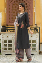 Juniper Dark Grey Mono Viscose Festive Wear Embroidered Straight Kurta Palazzo Dupatta Set - Distacart