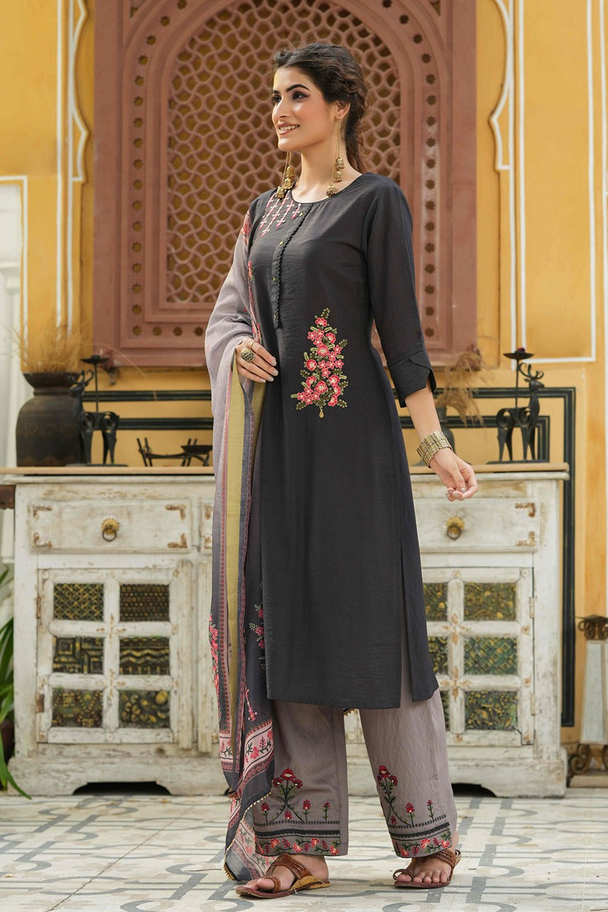 Juniper Dark Grey Mono Viscose Festive Wear Embroidered Straight Kurta Palazzo Dupatta Set - Distacart