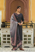 Juniper Dark Grey Mono Viscose Festive Wear Embroidered Straight Kurta Palazzo Dupatta Set - Distacart