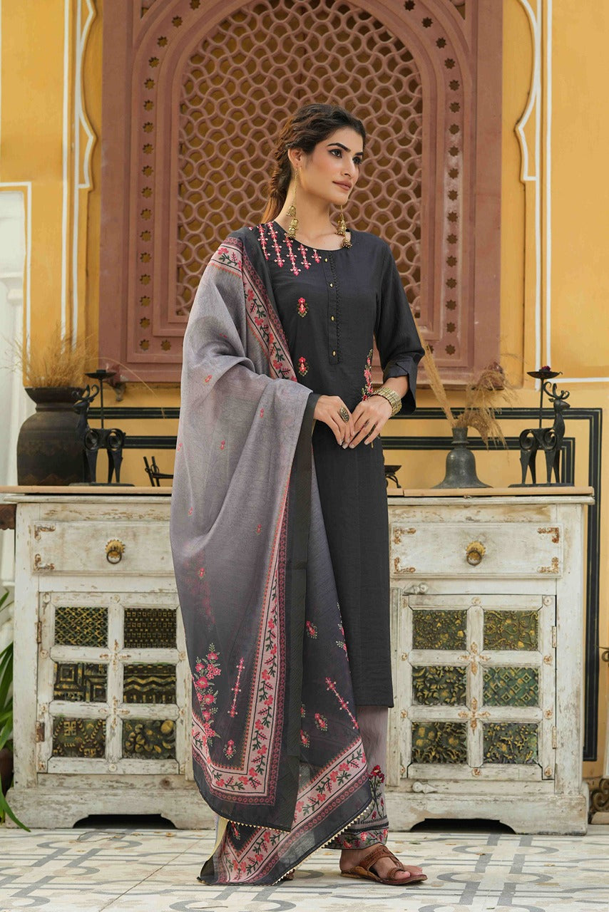 Juniper Dark Grey Mono Viscose Festive Wear Embroidered Straight Kurta Palazzo Dupatta Set - Distacart