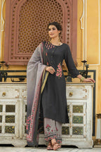 Juniper Dark Grey Mono Viscose Festive Wear Embroidered Straight Kurta Palazzo Dupatta Set - Distacart
