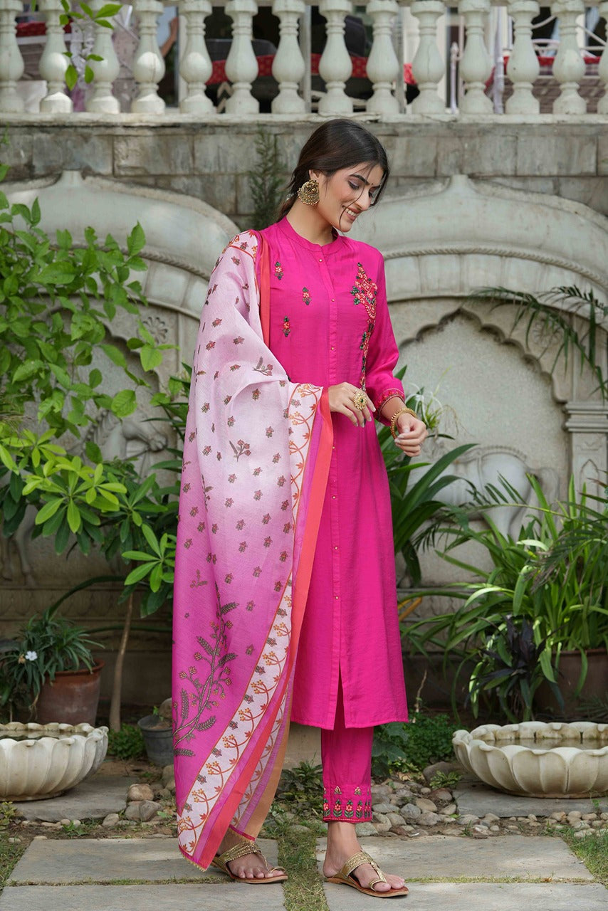 Juniper Fuchsia Mono Viscose Festive Wear Embroidered Straight Kurta Pant Dupatta Set - Distacart