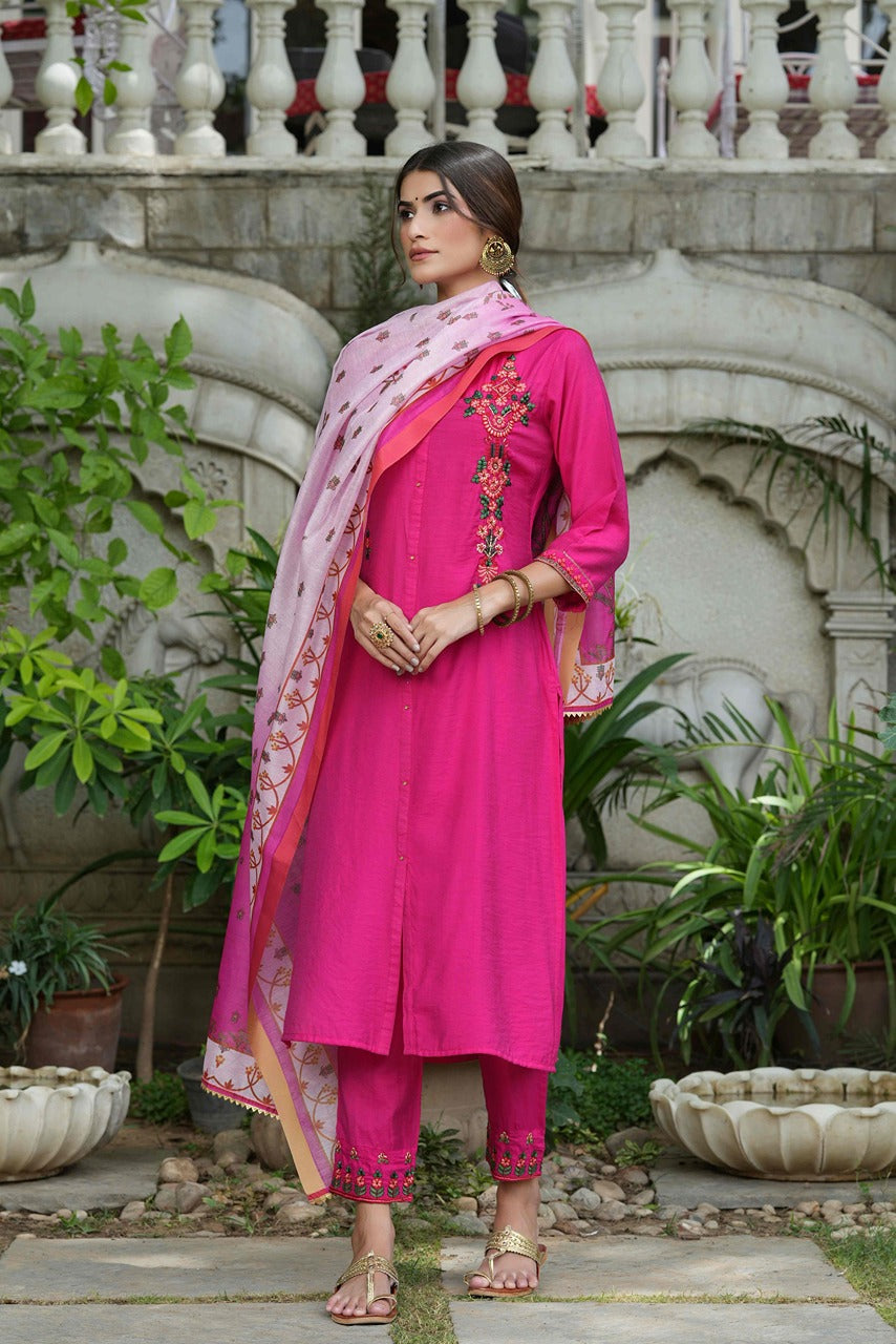 Juniper Fuchsia Mono Viscose Festive Wear Embroidered Straight Kurta Pant Dupatta Set - Distacart