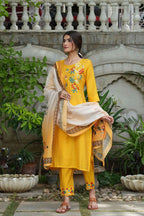 Juniper Women's Yellow Mono Viscose Straight Embroidered Kurta Sets - Distacart