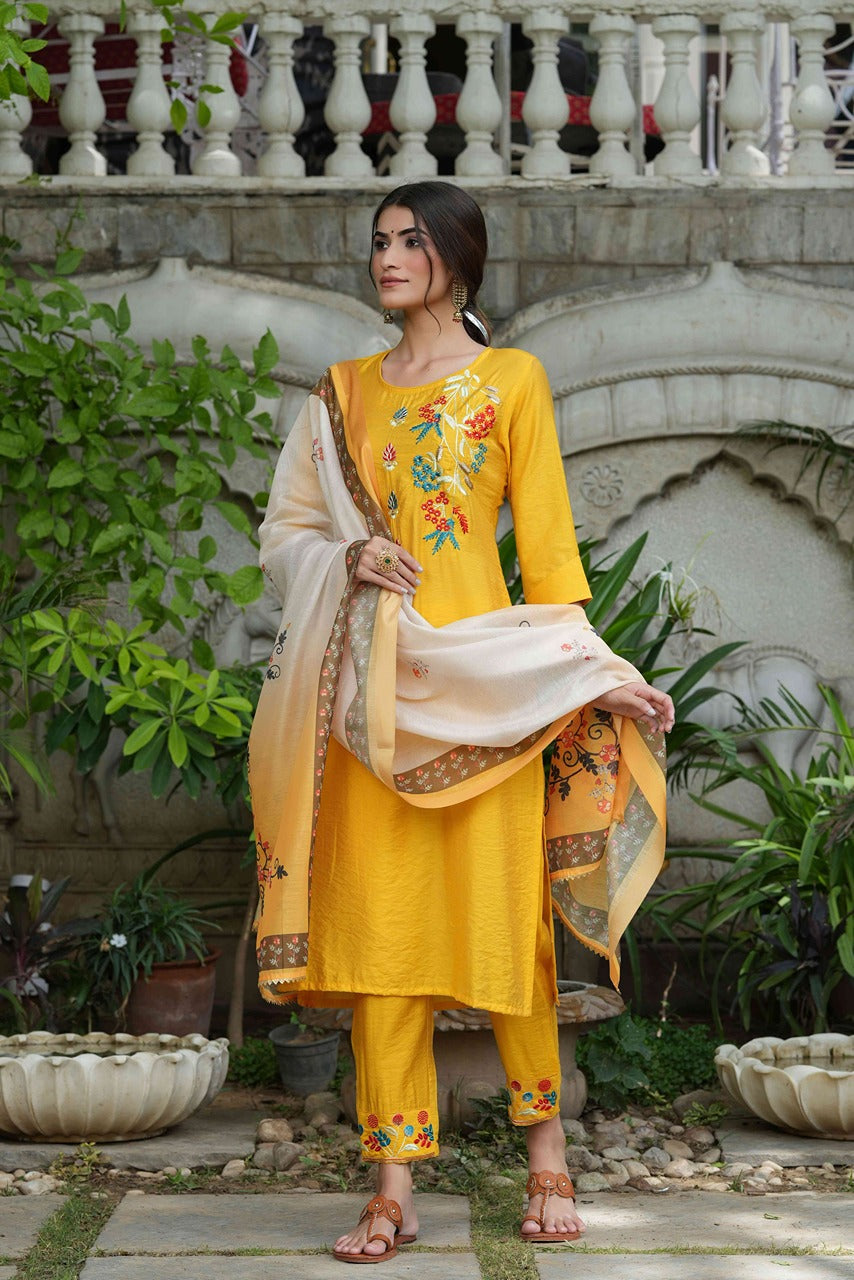 Juniper Women's Yellow Mono Viscose Straight Embroidered Kurta Sets - Distacart