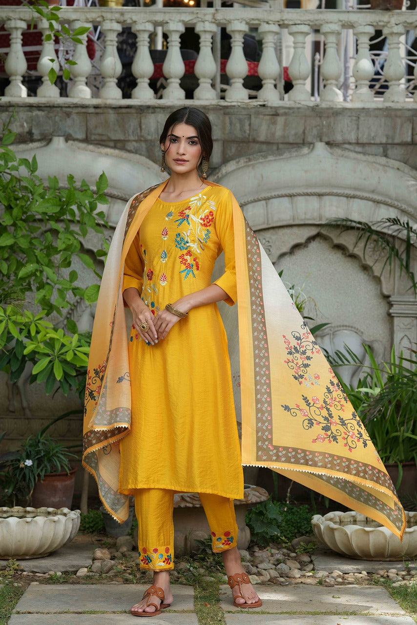 Juniper Women's Yellow Mono Viscose Straight Embroidered Kurta Sets - Distacart