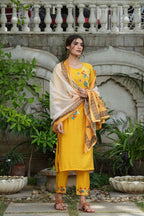 Juniper Women's Yellow Mono Viscose Straight Embroidered Kurta Sets - Distacart
