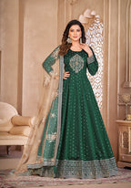 Monjolika Fashion Dark Green Color Embroidered Taffeta Silk Anarkali Suit - Distacart