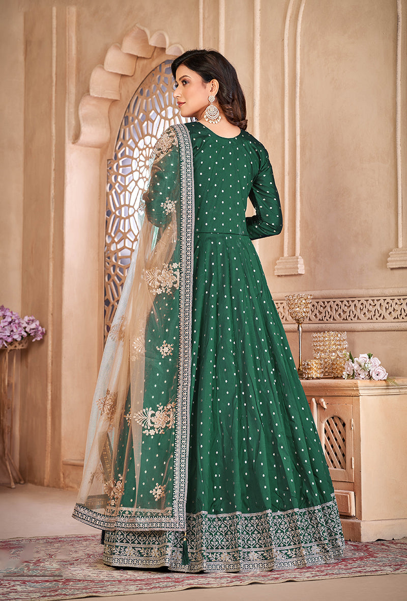 Monjolika Fashion Dark Green Color Embroidered Taffeta Silk Anarkali Suit - Distacart