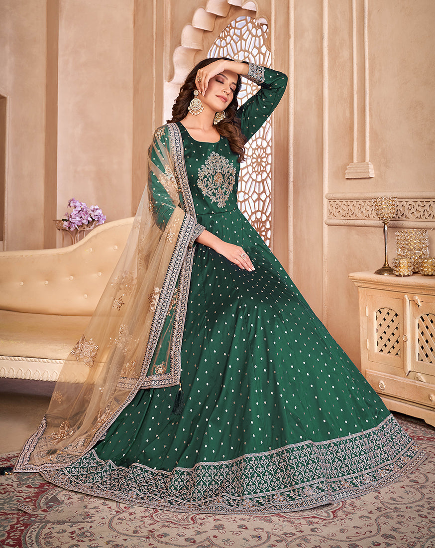 Monjolika Fashion Dark Green Color Embroidered Taffeta Silk Anarkali Suit - Distacart