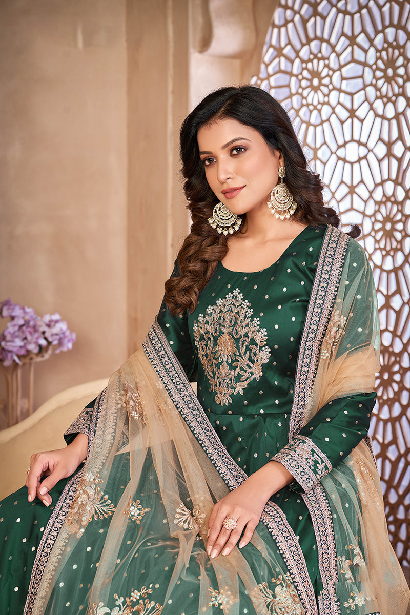 Monjolika Fashion Dark Green Color Embroidered Taffeta Silk Anarkali Suit - Distacart