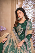 Monjolika Fashion Dark Green Color Embroidered Taffeta Silk Anarkali Suit - Distacart