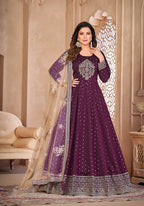 Monjolika Fashion Purple Color Embroidered Taffeta Silk Anarkali Suit - Distacart