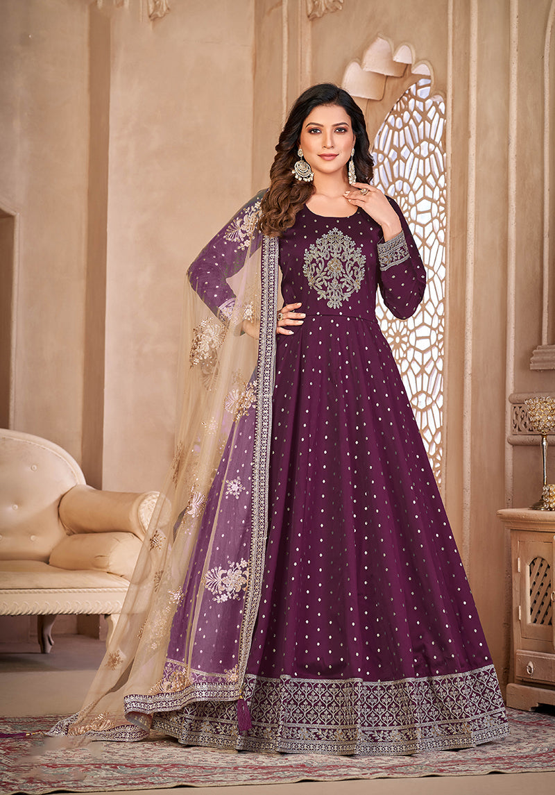 Monjolika Fashion Purple Color Embroidered Taffeta Silk Anarkali Suit - Distacart