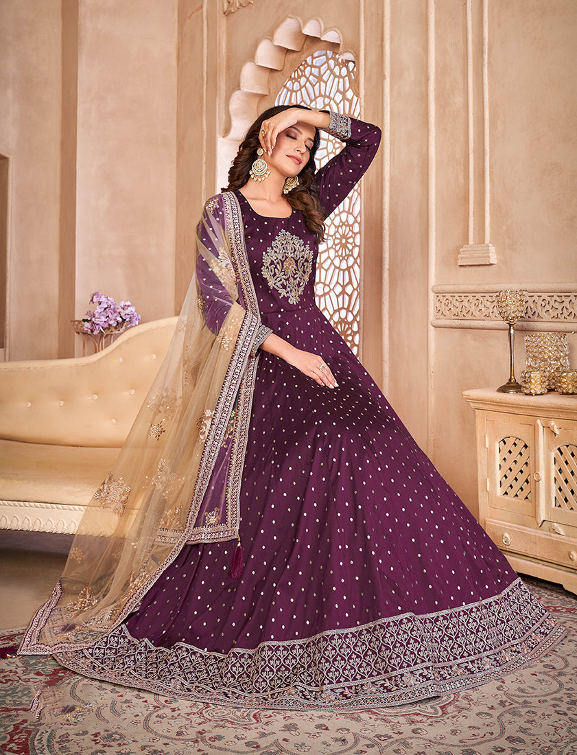 Monjolika Fashion Purple Color Embroidered Taffeta Silk Anarkali Suit - Distacart