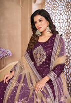 Monjolika Fashion Purple Color Embroidered Taffeta Silk Anarkali Suit - Distacart