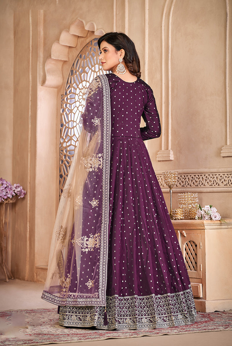 Monjolika Fashion Purple Color Embroidered Taffeta Silk Anarkali Suit - Distacart