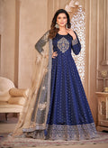 Monjolika Fashion Navy Blue Color Embroidered Taffeta Silk Anarkali Suit - Distacart