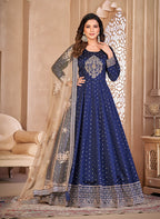 Monjolika Fashion Navy Blue Color Embroidered Taffeta Silk Anarkali Suit - Distacart