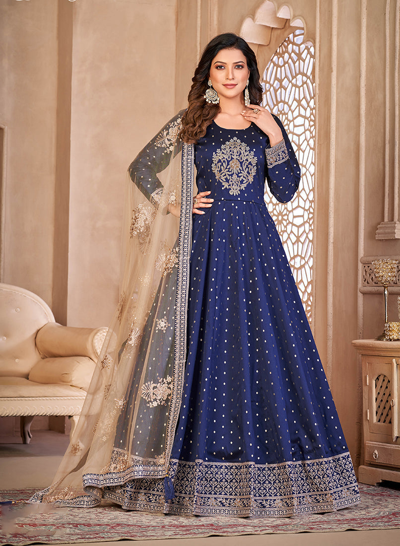 Monjolika Fashion Navy Blue Color Embroidered Taffeta Silk Anarkali Suit - Distacart
