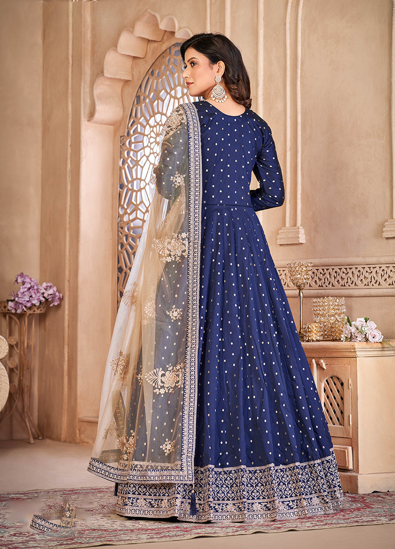 Monjolika Fashion Navy Blue Color Embroidered Taffeta Silk Anarkali Suit - Distacart