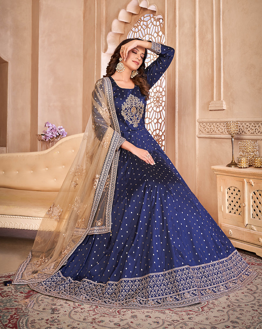 Monjolika Fashion Navy Blue Color Embroidered Taffeta Silk Anarkali Suit - Distacart