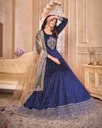 Monjolika Fashion Navy Blue Color Embroidered Taffeta Silk Anarkali Suit - Distacart