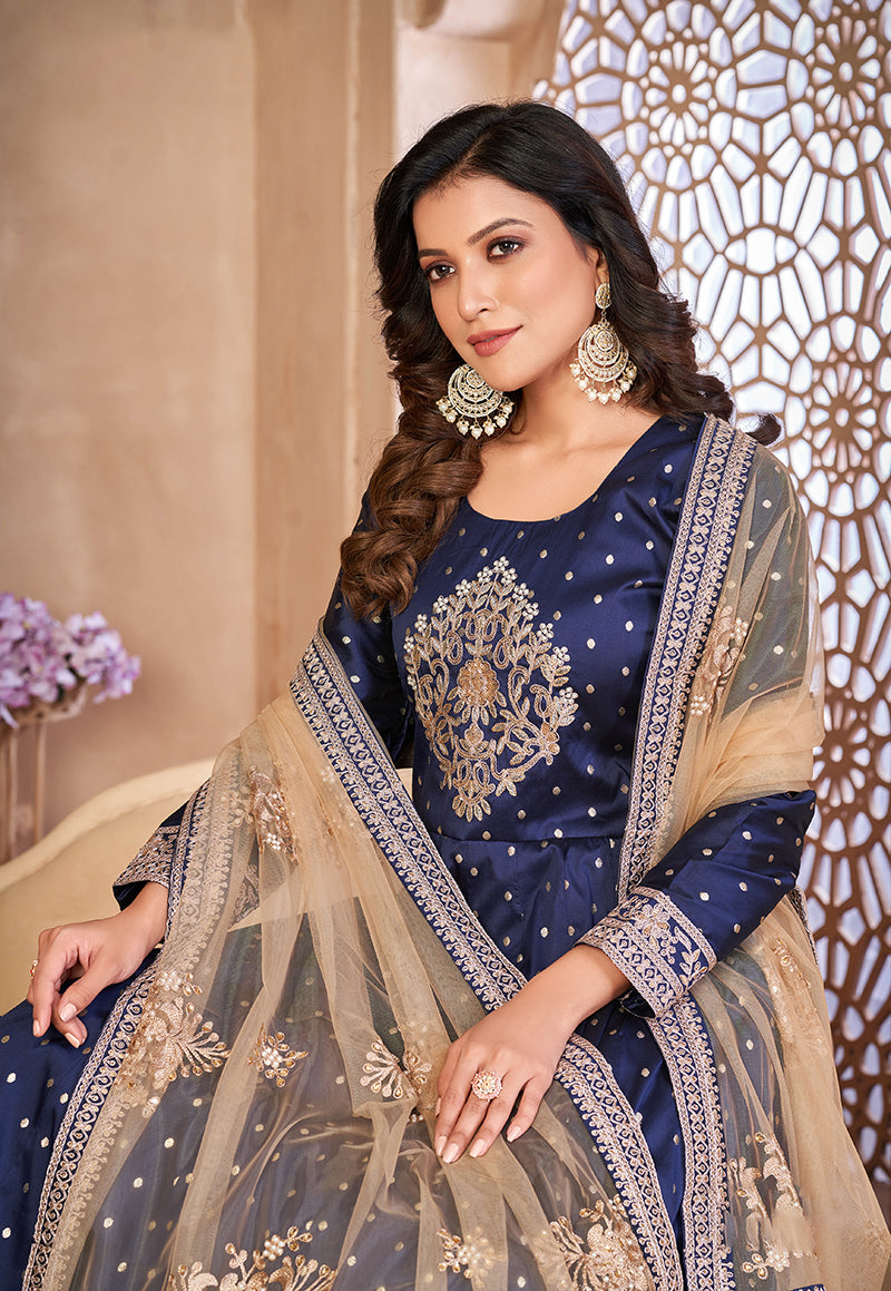 Monjolika Fashion Navy Blue Color Embroidered Taffeta Silk Anarkali Suit - Distacart