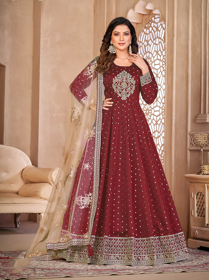 Monjolika Fashion Maroon Color Embroidered Taffeta Silk Anarkali Suit - Distacart