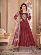 Monjolika Fashion Maroon Color Embroidered Taffeta Silk Anarkali Suit - Distacart