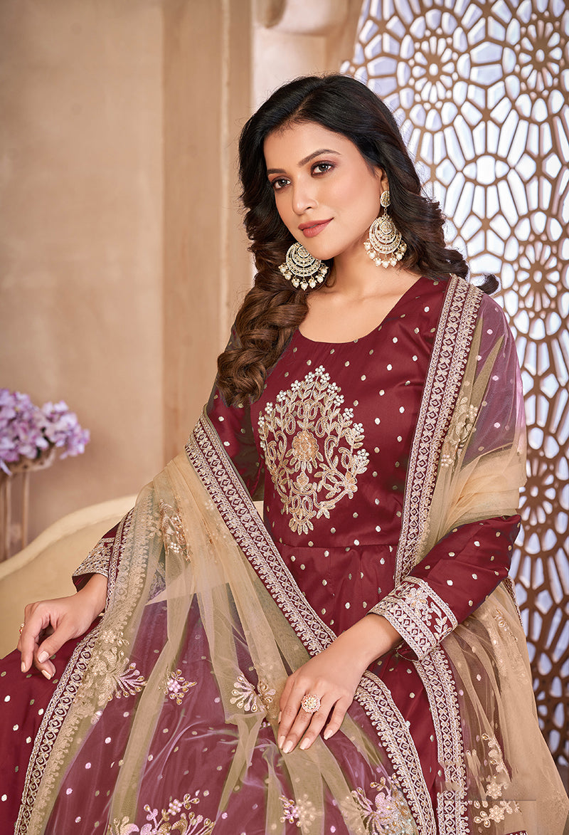 Monjolika Fashion Maroon Color Embroidered Taffeta Silk Anarkali Suit - Distacart