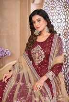 Monjolika Fashion Maroon Color Embroidered Taffeta Silk Anarkali Suit - Distacart