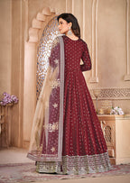 Monjolika Fashion Maroon Color Embroidered Taffeta Silk Anarkali Suit - Distacart