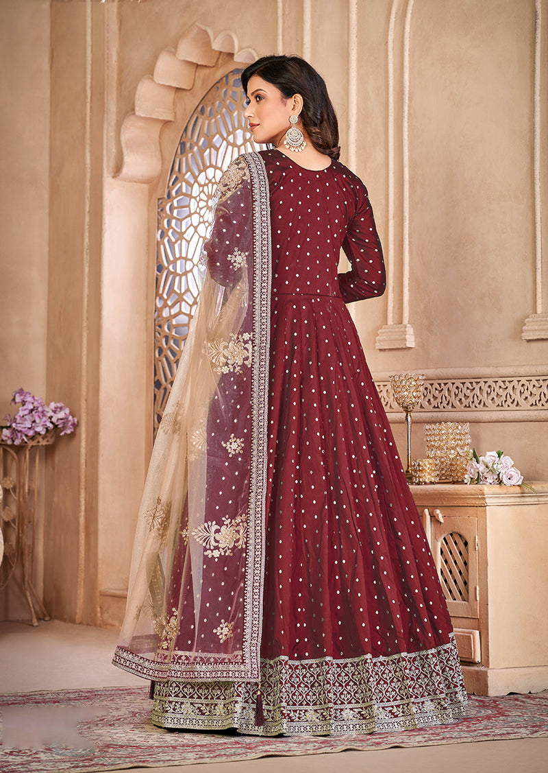 Monjolika Fashion Maroon Color Embroidered Taffeta Silk Anarkali Suit - Distacart