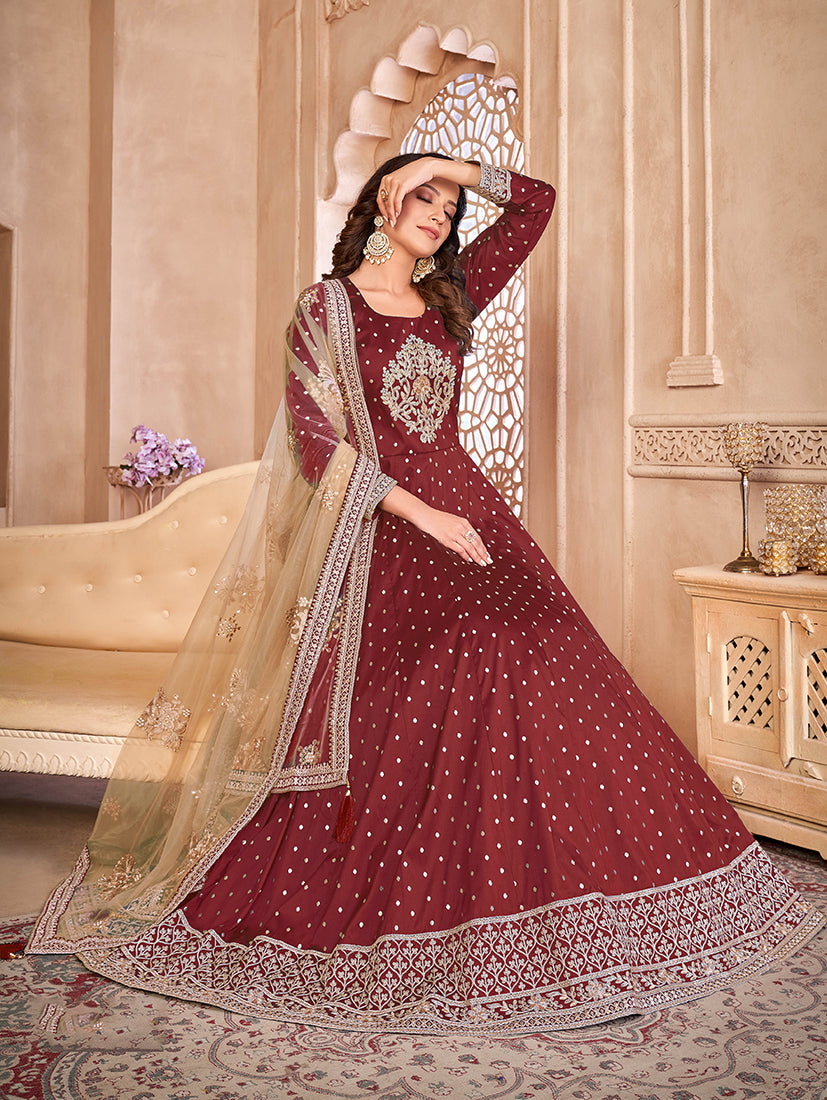 Monjolika Fashion Maroon Color Embroidered Taffeta Silk Anarkali Suit - Distacart