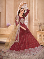 Monjolika Fashion Maroon Color Embroidered Taffeta Silk Anarkali Suit - Distacart
