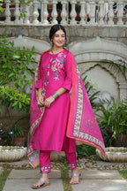 Juniper Fuchsia Mono Viscose Festive Wear Embroidered Straight Kurta Pant Dupatta Set - Distacart