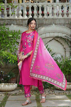 Juniper Fuchsia Mono Viscose Festive Wear Embroidered Straight Kurta Pant Dupatta Set - Distacart
