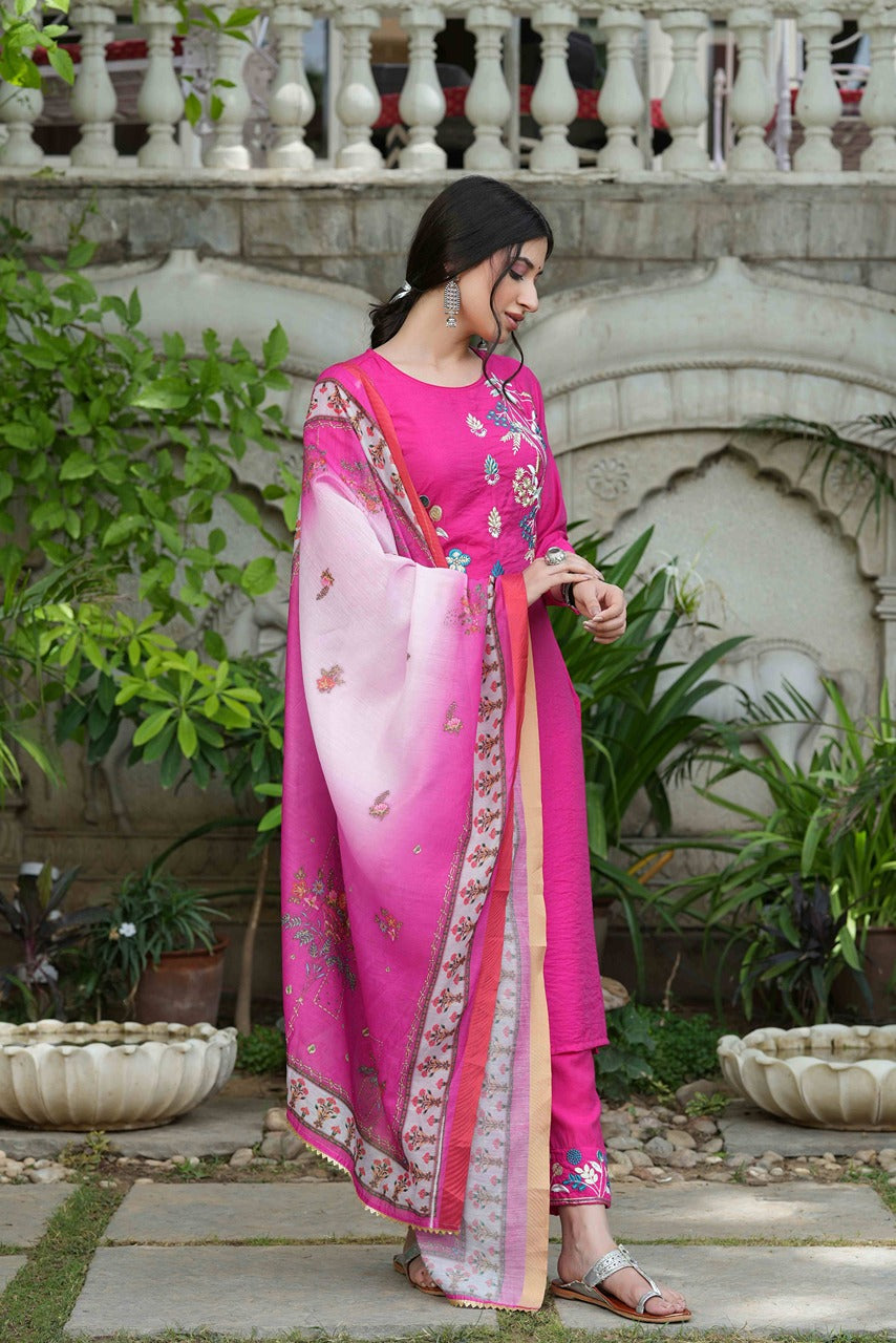 Juniper Fuchsia Mono Viscose Festive Wear Embroidered Straight Kurta Pant Dupatta Set - Distacart