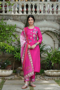 Juniper Fuchsia Mono Viscose Festive Wear Embroidered Straight Kurta Pant Dupatta Set - Distacart