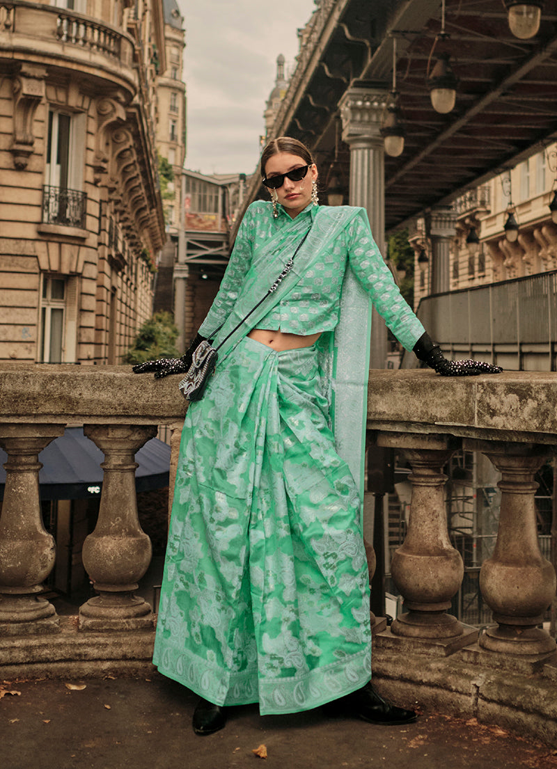 Monjolika Fashion Sea Green Color Lakhnavi Organza Weaving Work Saree With Blouse - Distacart