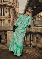 Monjolika Fashion Sea Green Color Lakhnavi Organza Weaving Work Saree With Blouse - Distacart