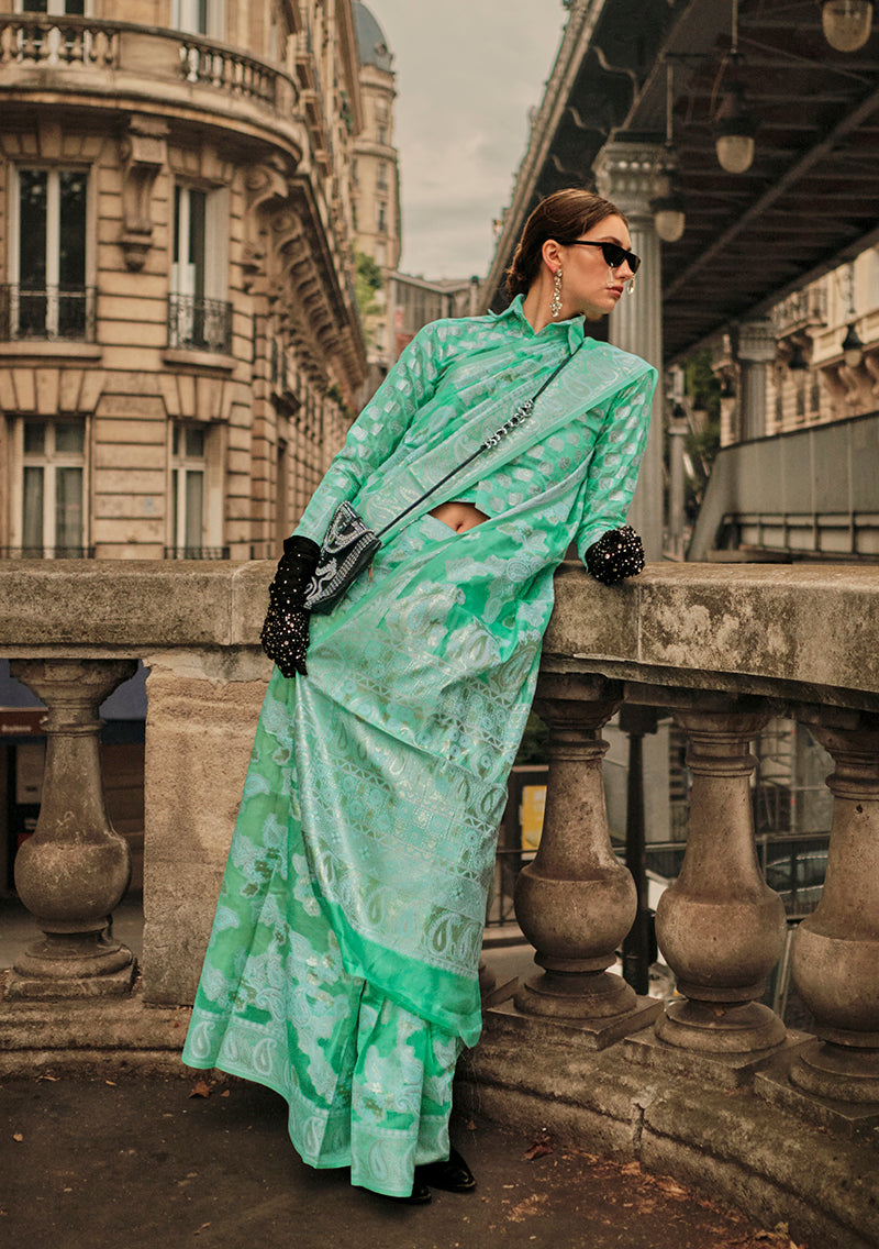 Monjolika Fashion Sea Green Color Lakhnavi Organza Weaving Work Saree With Blouse - Distacart