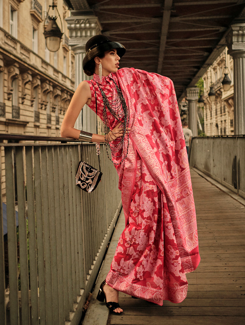 Monjolika Fashion Light Red Color Lakhnavi Organza Weaving Work Saree With Blouse - Distacart