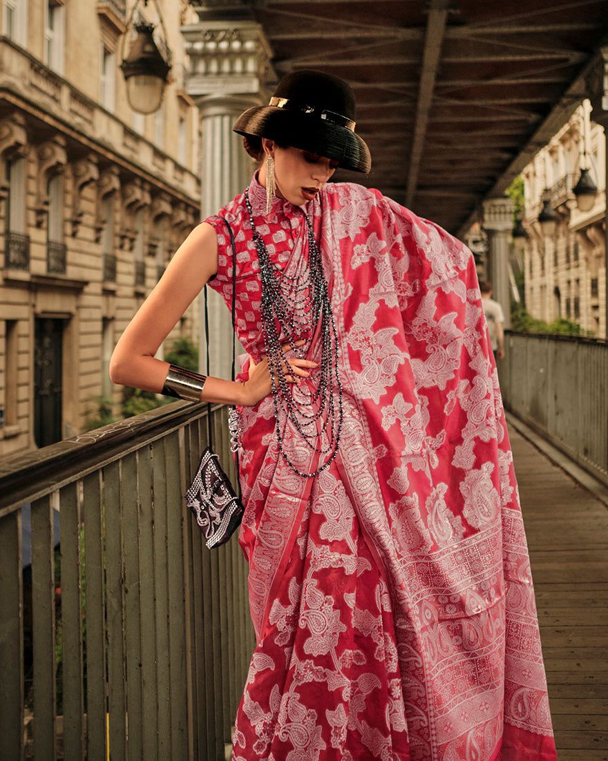Monjolika Fashion Light Red Color Lakhnavi Organza Weaving Work Saree With Blouse - Distacart