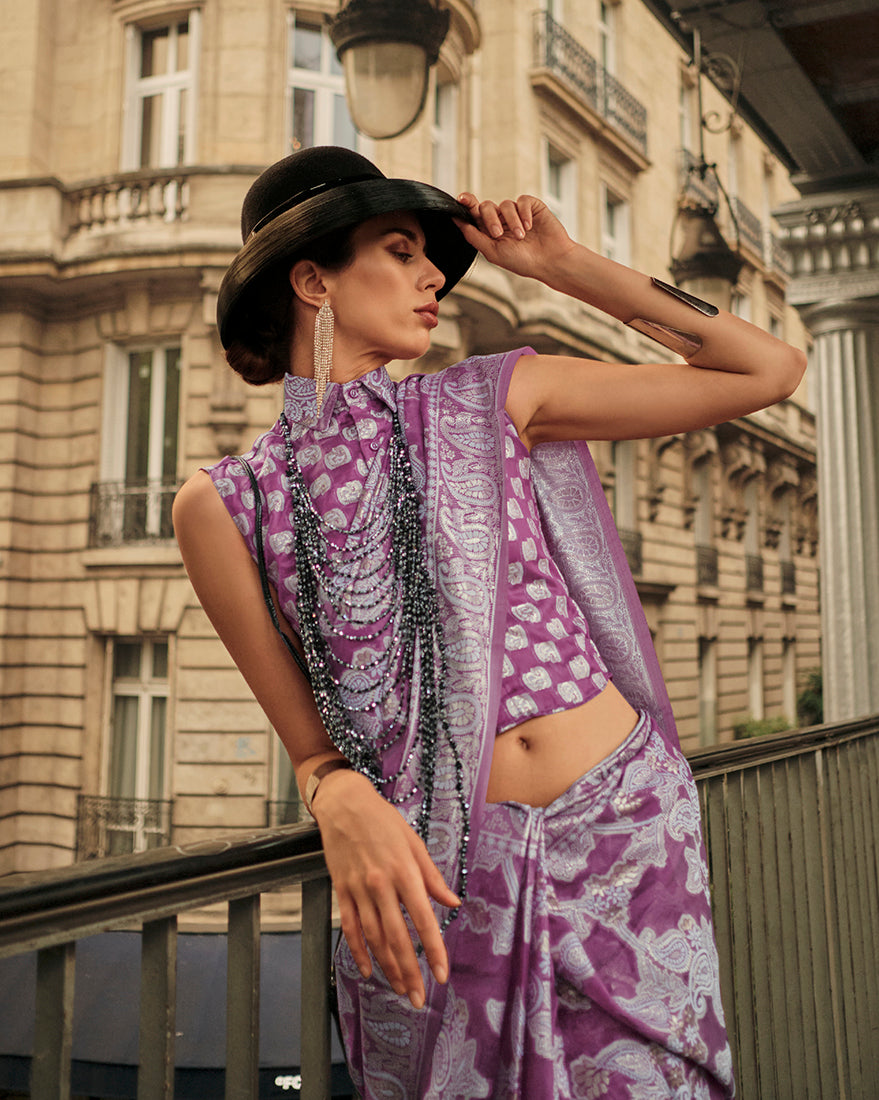 Monjolika Fashion Violet Color Lakhnavi Organza Weaving Work Saree With Blouse - Distacart