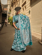Monjolika Fashion Sky Blue Color Lakhnavi Organza Weaving Work Saree With Blouse - Distacart
