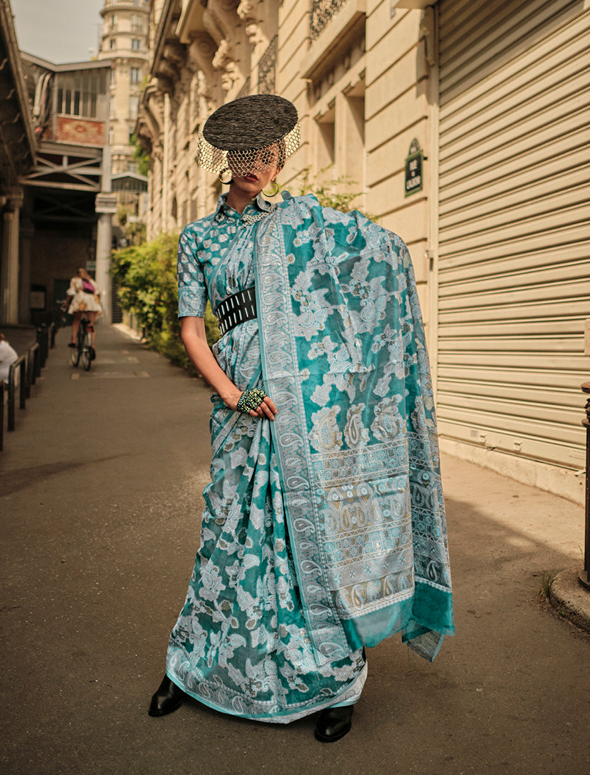 Monjolika Fashion Sky Blue Color Lakhnavi Organza Weaving Work Saree With Blouse - Distacart