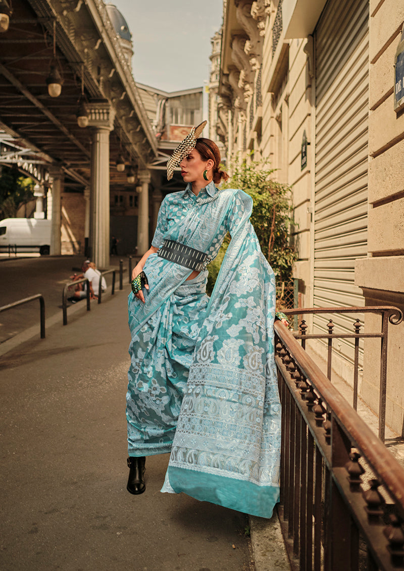 Monjolika Fashion Sky Blue Color Lakhnavi Organza Weaving Work Saree With Blouse - Distacart