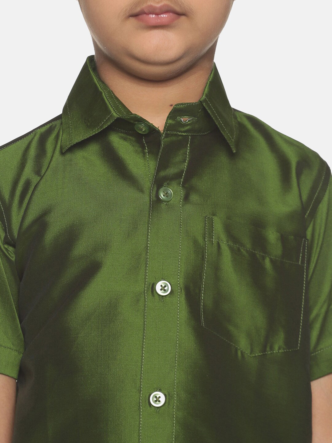 Sethukrishna Olive Green & White Solid Shirt and Veshti Set For Boys